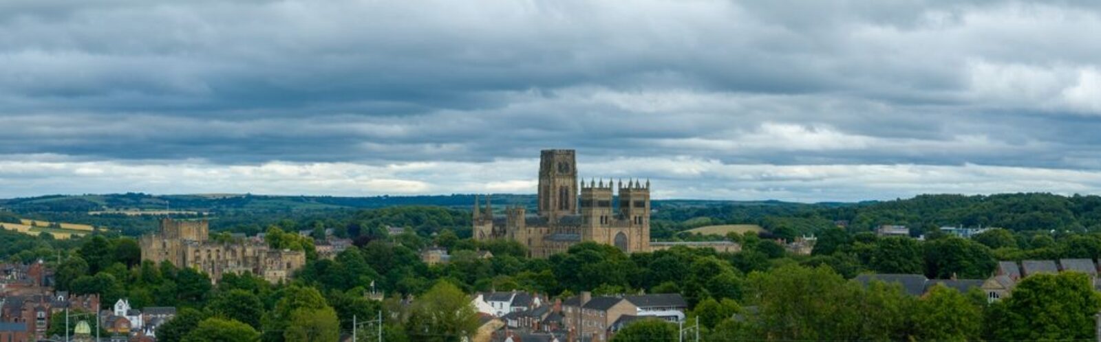 An aerial shot of Durham city showing the historic 12th century cathedral.